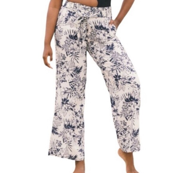 Beau Dawson Linen Blend Wide Leg Blue White Floral Pants Size L Beachy Coastal - Picture 1 of 14